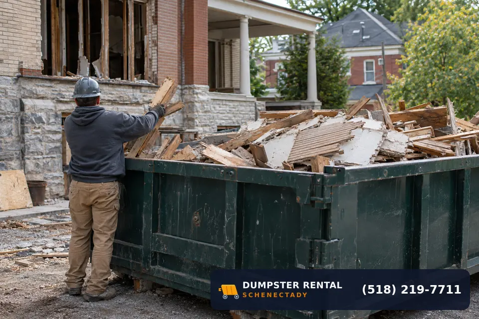 Demolition dumpster in use at a residential or commercial job in Schenectady, NY