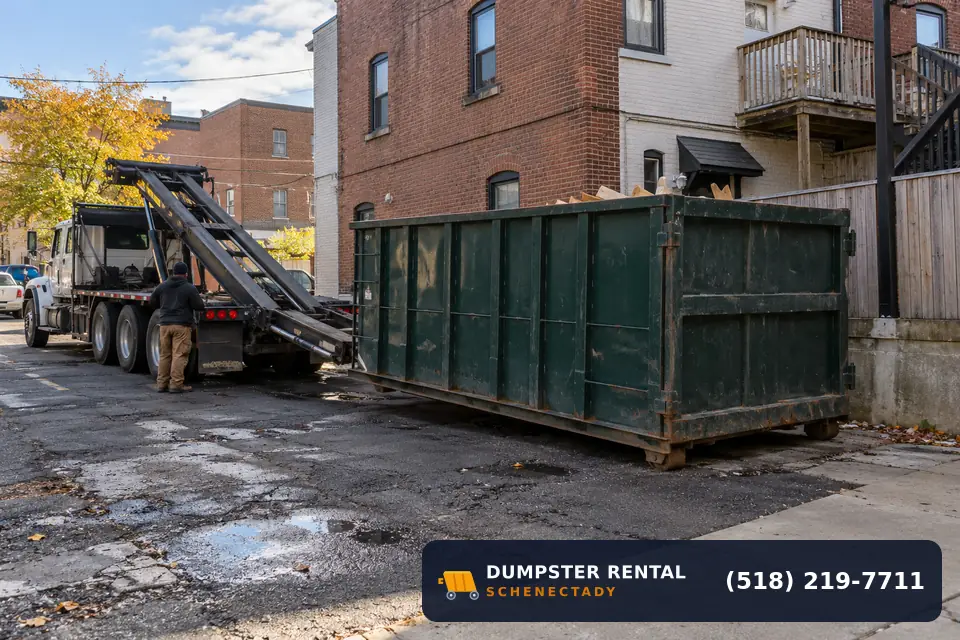 Roll-off dumpster rental at a local cleanup project in Central State Street, Schenectady, NY