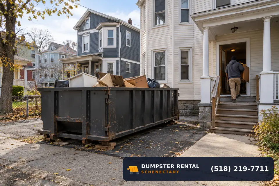 Roll-off dumpster rental at a local cleanup project in Hamilton Hill, Schenectady, NY