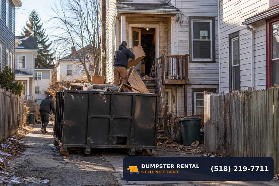 Roll-off dumpster rental at a local cleanup project in Northside, Schenectady, NY