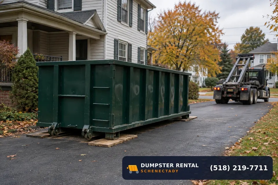 Roll-off dumpster delivered to a Schenectady, NY residential driveway