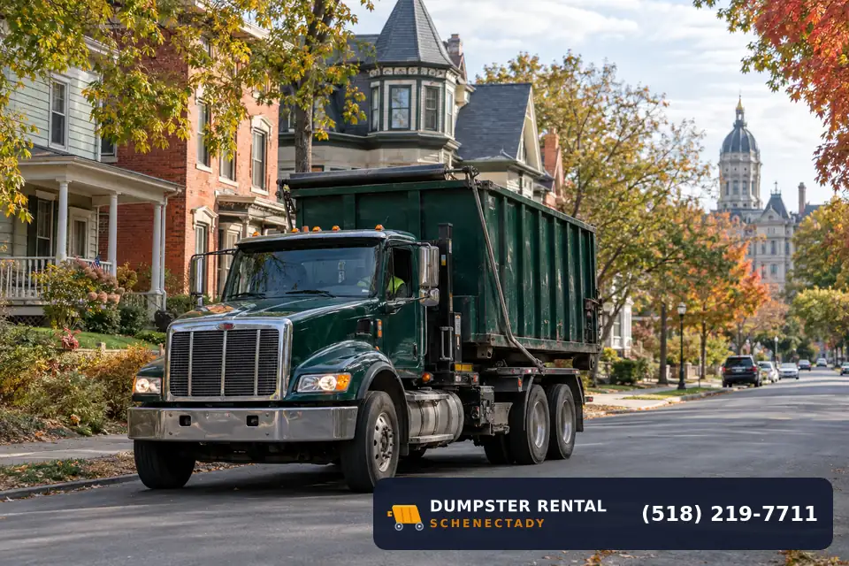 Roll-off truck serving residential neighborhoods near Schenectady, NY