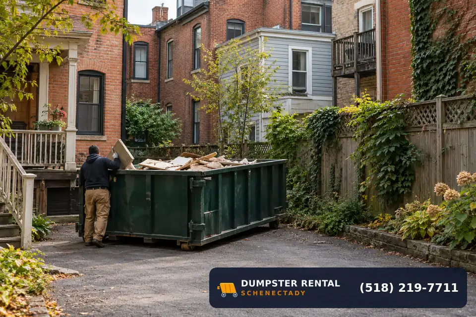 Roll-off dumpster rental at a local cleanup project in Stockade, Schenectady, NY