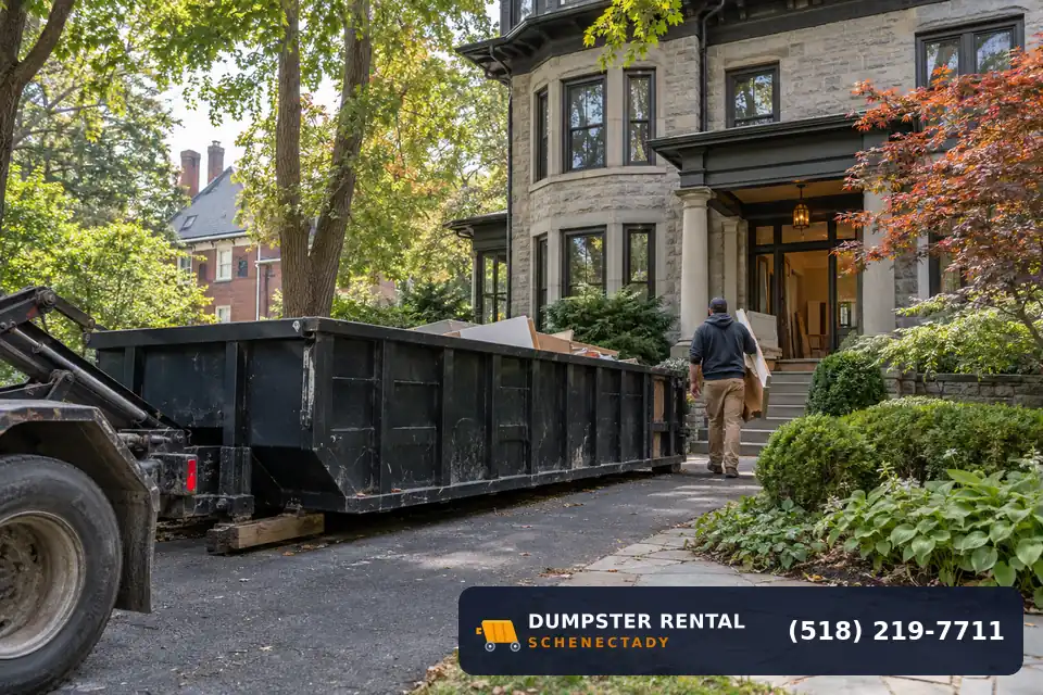Roll-off dumpster rental at a local cleanup project in Union Street, Schenectady, NY
