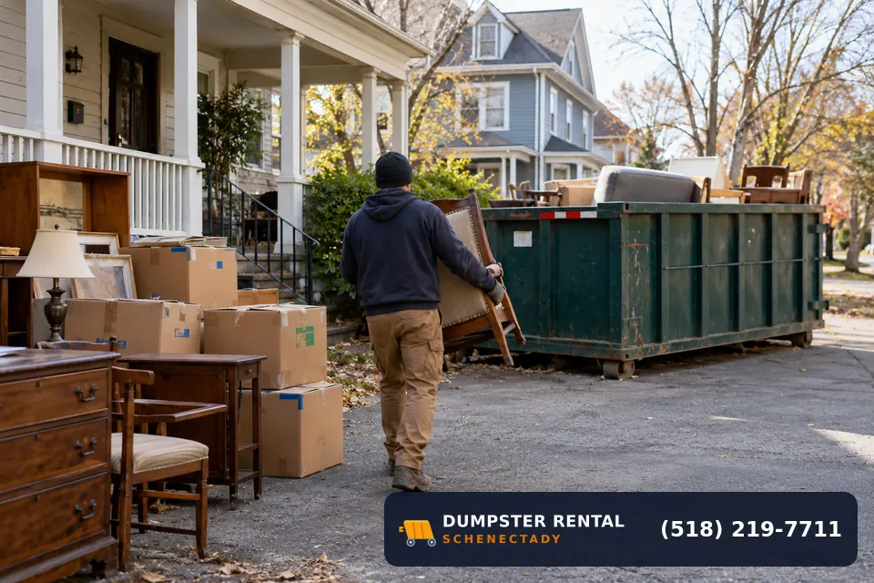 Estate Cleanout dumpster in use at a residential or commercial job in Schenectady, NY
