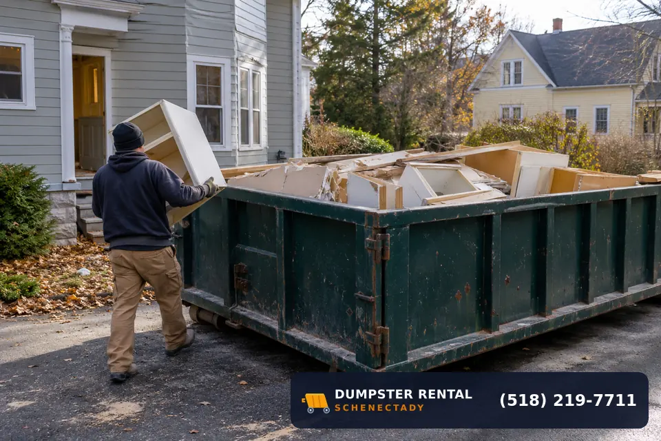 Home Renovation dumpster in use at a residential or commercial job in Schenectady, NY