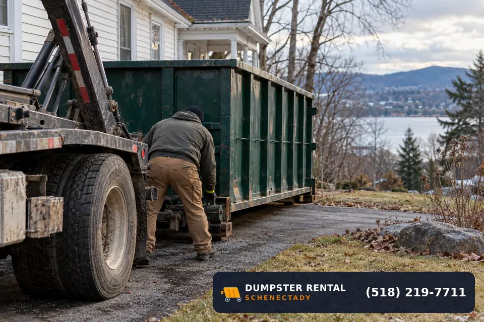 Local roll-off team securing a dumpster at a Schenectady area property