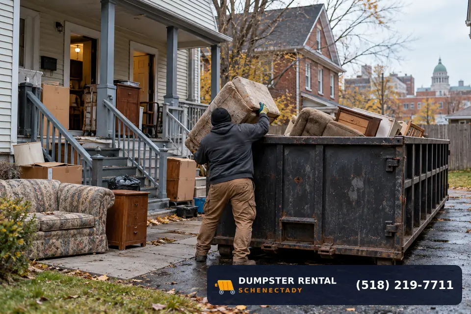 Rental Property Cleanout dumpster in use at a residential or commercial job in Schenectady, NY
