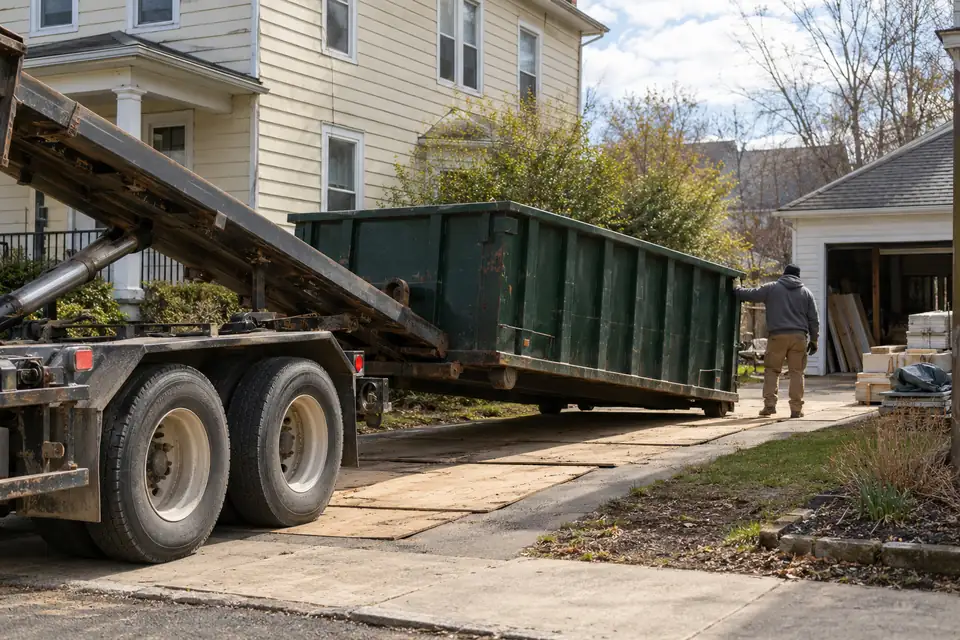 Roll-off dumpster delivery at a Schenectady home renovation project