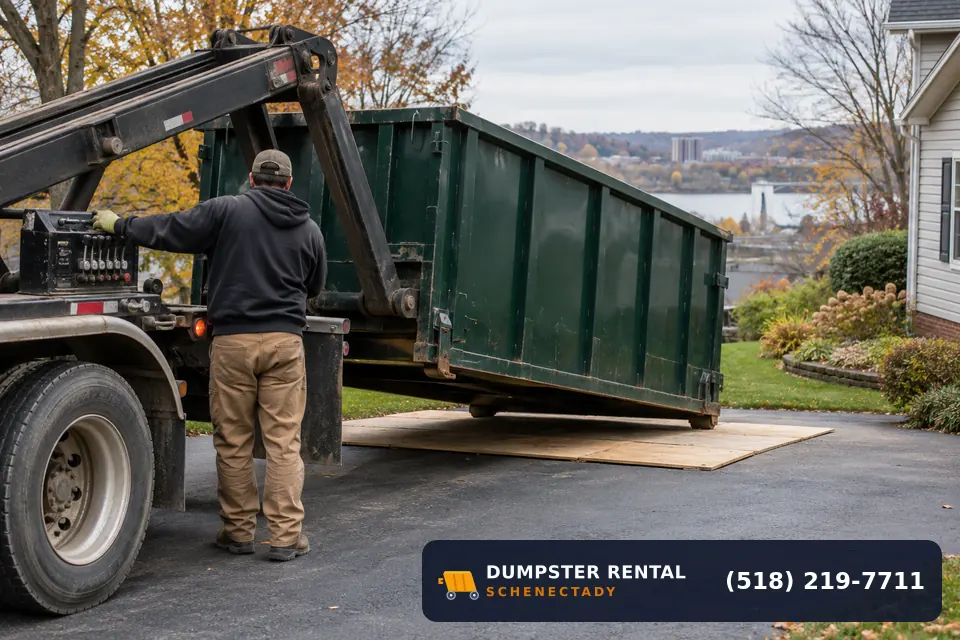 Driver placing a roll-off dumpster on driveway protection in Schenectady, NY