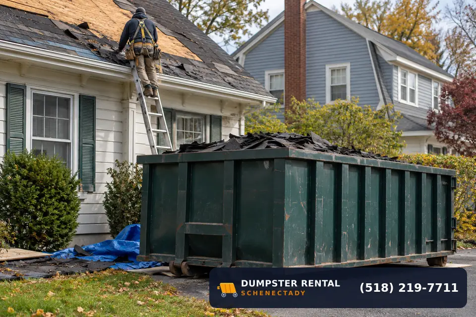 Roofing dumpster in use at a residential or commercial job in Schenectady, NY