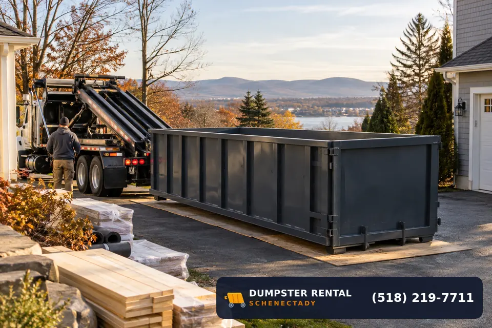 Same Day dumpster in use at a residential or commercial job in Schenectady, NY